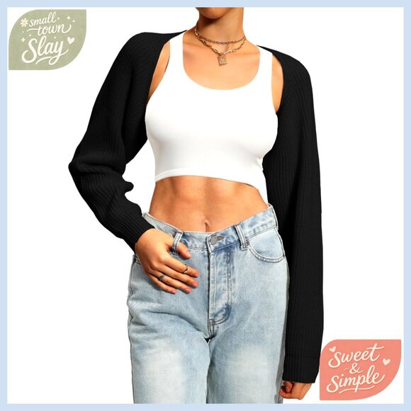 Sweaters - Cropped Knit Cardigan Long Sleeve Open Front Shrug Sweater
